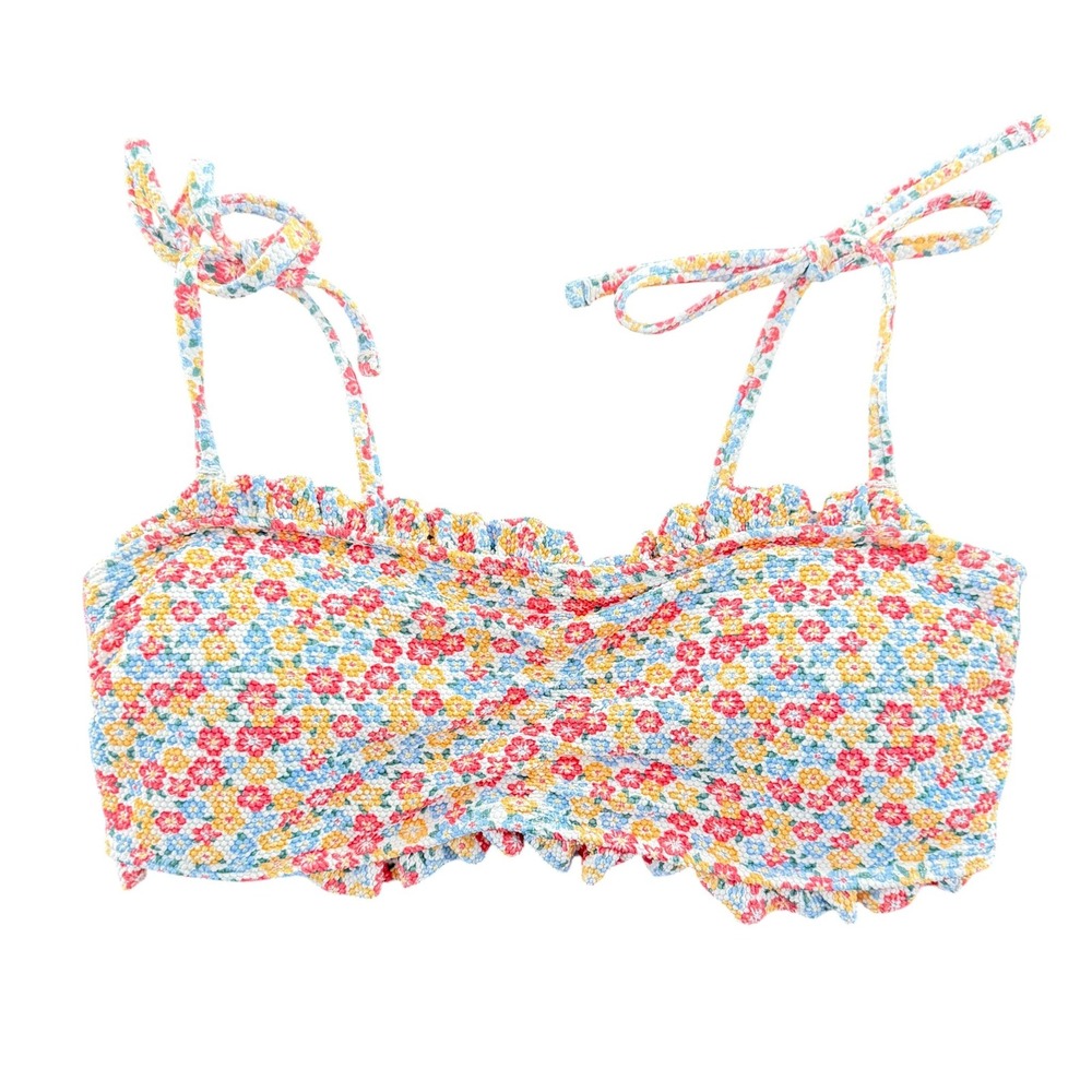 Hollister Floral Smocked Ruffle Bikini Top S Multi-Color Tie Strap Swim Beach - Picture 1 of 7